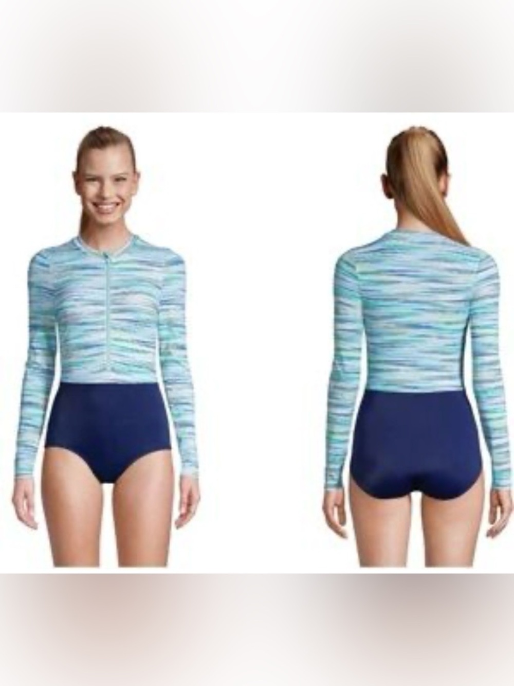 Lands’ End Women's Tugless Long Sleeve Rash Guard One Piece Swimsuit Size 14